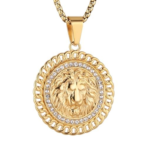 HZMAN 18K Gold Plated Lion Head Necklace for Men Stainless Steel Jewelry