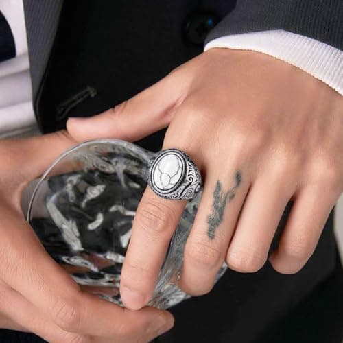 Retro Turquoise Stone Rings for Men, Stainless Steel Signet Biker Band