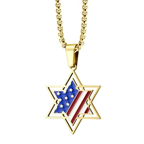 Stainless Steel Star of David & US Flag Necklace, 16-24" Chain
