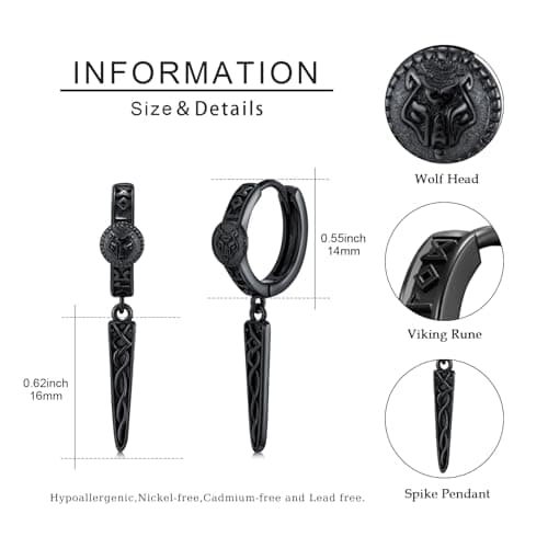YYmqmq Gothic Punk Black Viking Runes Spike Earrings for Man 925 Silver
