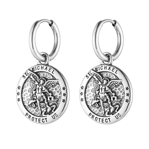 HZMAN Archangel Dangle Earring for Men Round Saint Michael Medal Jewelry