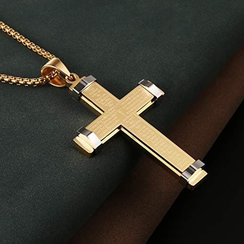 Stainless Steel Men's Large Cross Necklace with Lord's Prayer Pendant
