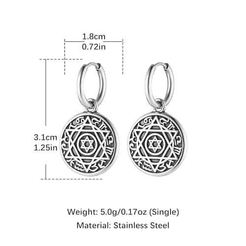 HZMAN Soloman Seal Dangle Earring for Men Round Stainless Steel Hinged Hoop Jewelry Gift