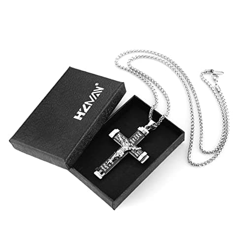 HZMAN Men's Crucifix Stainless Steel Cross with Lord's Prayer Pendant Necklace, 20" 24" 28" Chain