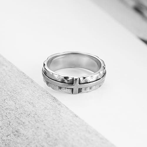 HZMAN Men's Stainless Steel Retro Hammered Cross Ring 6.5mm Wide Stackable Band Jewelry Gift
