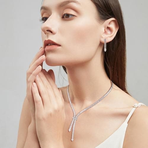 Crystal Jewelry Set for Women: 18K White Plated Cubic Zirconia Tassel Earring Necklace Bracelet