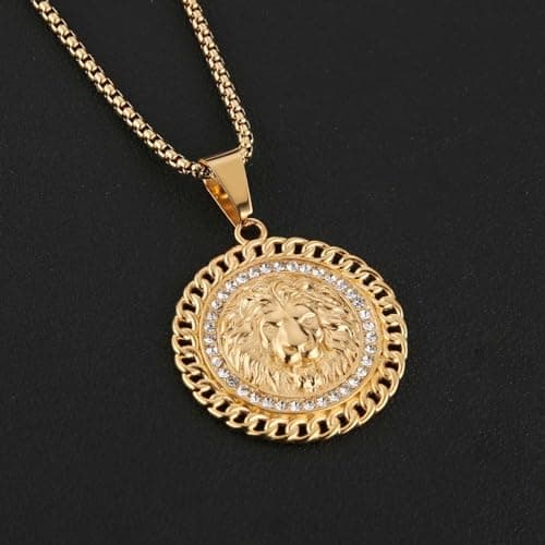 HZMAN 18K Gold Plated Lion Head Necklace for Men Stainless Steel Jewelry