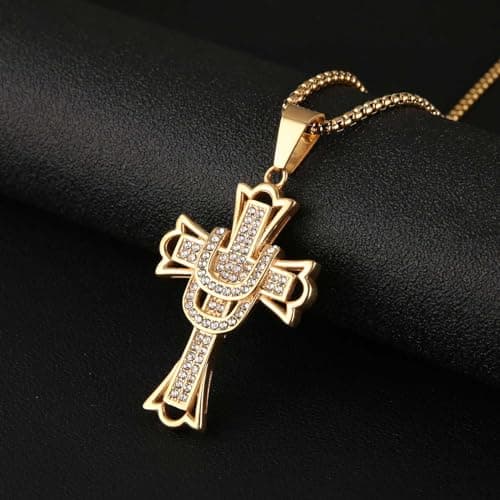 HZMAN Mens 18k Gold Plated Stainless Steel Hip-Hop Cross Cz Pendant Necklace