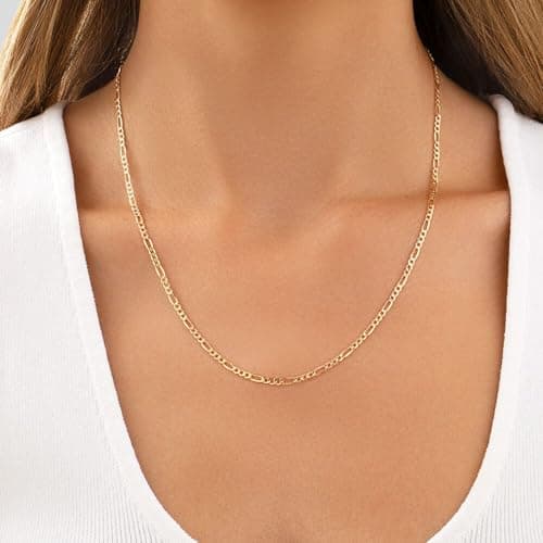 WGS 14K Solid Yellow Gold Figaro Chain Necklace with Diamond Cut Lobster Claw Clasp