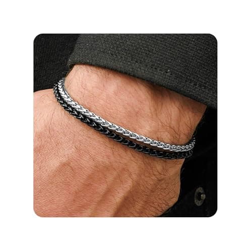 Galis Stainless Steel Rope Chain Bracelet for Men - Silver & Black 7"