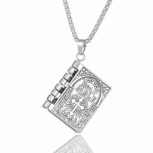 Holy Bible Book Pendant Necklace Charm Silver Alloy Cross Chain Jewelry Gifts