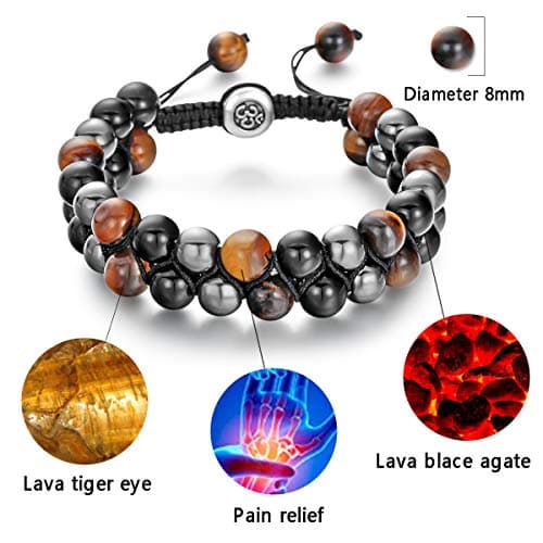 Triple Protection Tiger Eye Lava Rock Mens Bracelet - Adjustable Chakra Healing Yoga Gift
