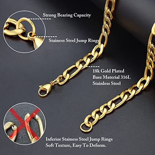 18k Gold Plated Figaro Link Chain - Stainless Steel Necklace for Men and Women
