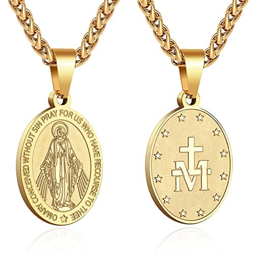 Apsvo Oval Catholic Saints Pendant Medallion, Stainless Steel Wheat Chain 24 Inches