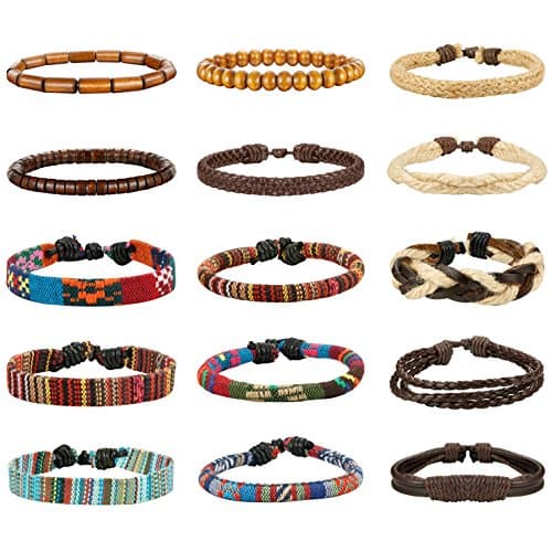 LOYALLOOK 15pcs Linen Hemp Cords Wood Beads Ethnic Tribal Bracelets