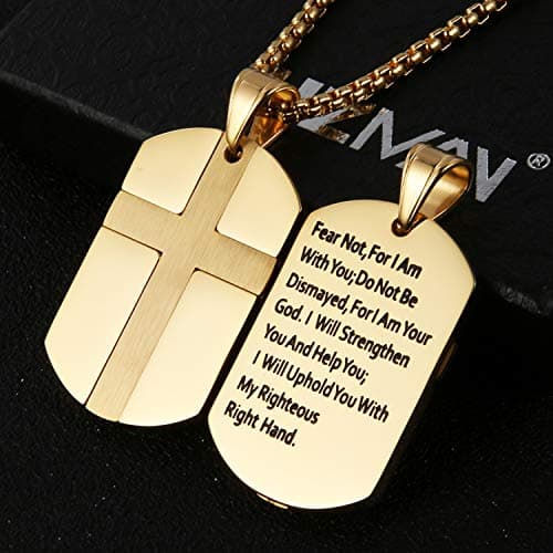 HZMAN Isaiah 41:10 Stainless Steel Cross Dog Tag Necklace - STRENGTH Bible Verse