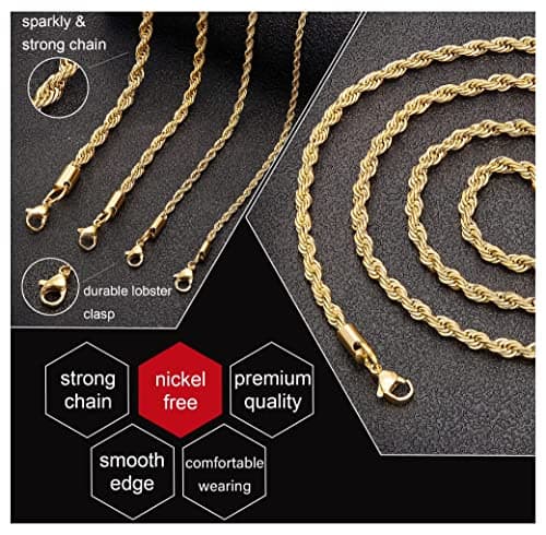 18k Gold Plated Rope Chain Necklace for Men and Women - 1.5mm to 5mm, 16 to 36