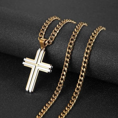 HZMAN Men's Stainless Steel Double Layer Cross Necklace Pendant Christian Faith Jewelry with 24Inch Chain