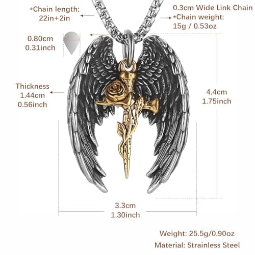 HZMAN Angel Wing Necklace, Stainless Steel Gothic Punk Cross Pendant Faith Amulet Jewelry Gift