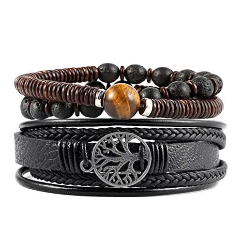Genuine Leather Tree of Life Bracelets for Men and Women with Tiger Eye Stone and Lava Rock Beads