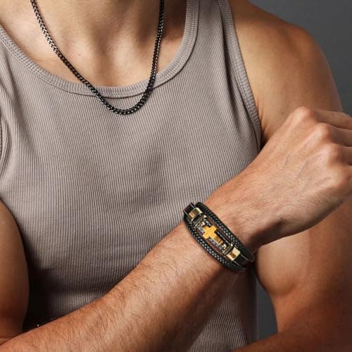 HZMAN Hand-Woven Genuine Leather Tiger Eye Cross Bracelets for Men