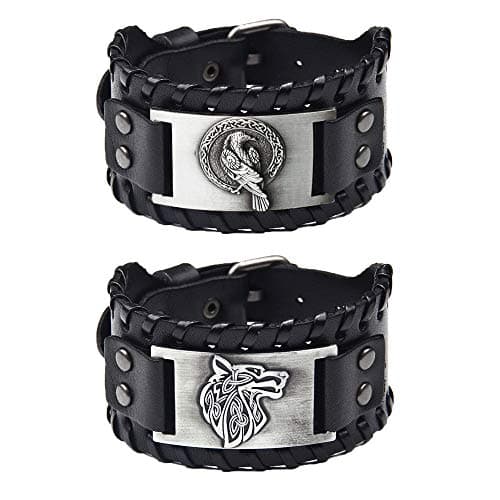 TURTLEDOVE Viking Leather Wolf Fenrir & Odin’s Raven Medieval Bracelets