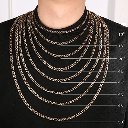 HZMAN Unisex 24k Real Gold Plated Stainless Steel Figaro Chain Necklace