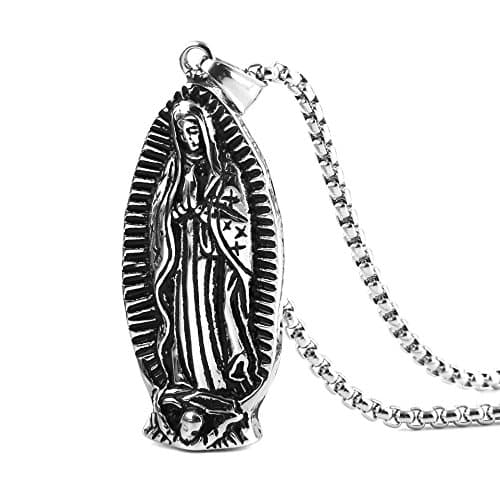 HZMAN Blessed Mother Mary Guadalupe Pendant Necklace with Steel Wheat Chain