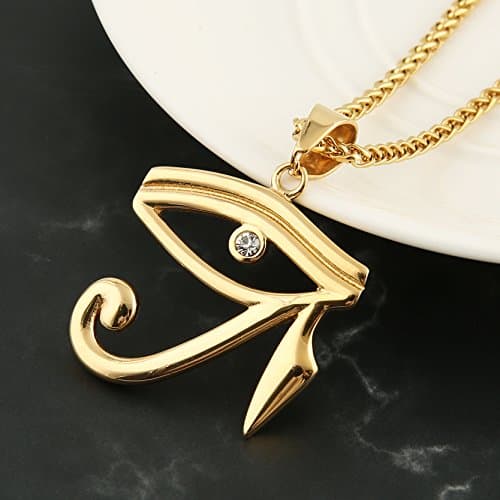 HZMAN CZ Eye of Horus Protection Pendant on Stainless Steel Necklace