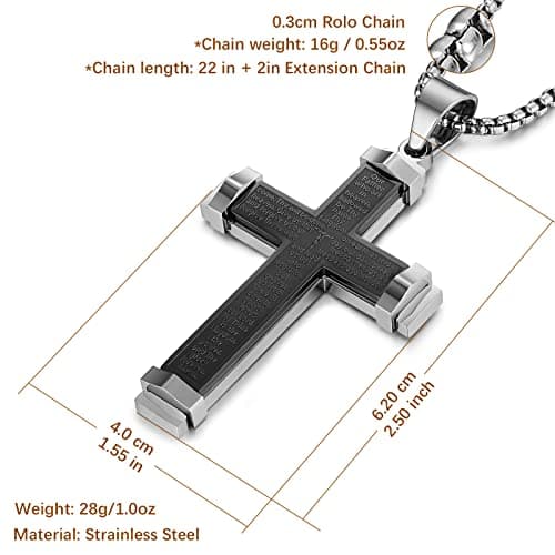 Cross Necklace Pendant Lord's Prayer Stainless Steel Men's Large