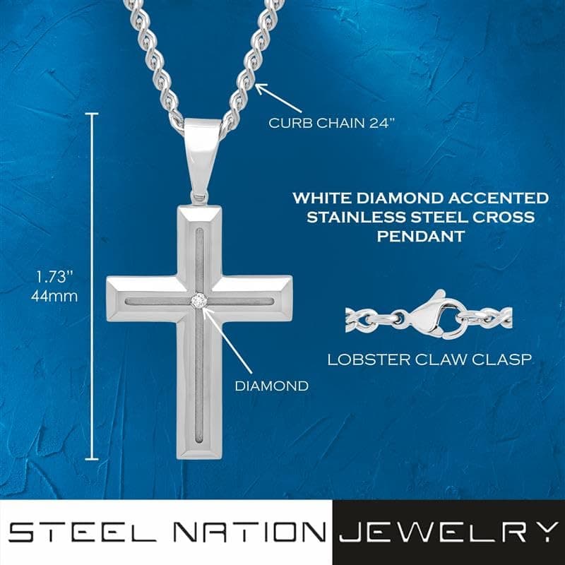 Steel Nation Jewelry Cross Diamond Necklace for Men, 24 Inch Chain