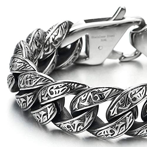 Vintage Stainless Steel Men's Curb Chain Bracelet with Tribal Tattoo Pattern