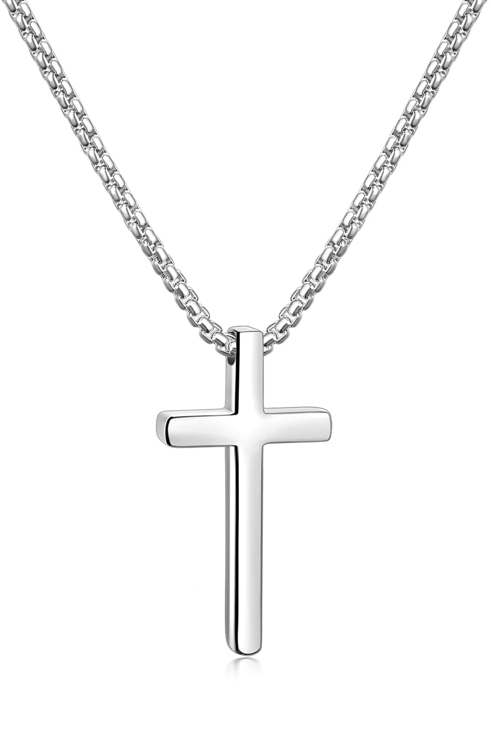 Fiusem Men's Silver/Gold/Black Cross Necklaces 2.5mm Chain, 16-24 Inch Box Chain