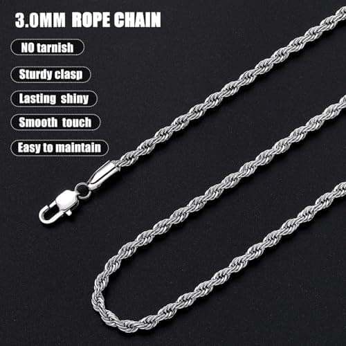 Fiusem 3mm Stainless Steel Chain Necklace for Men, Silver Tone