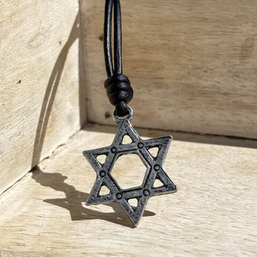 Star of David Necklace - Mens Tequila Sunrise Shop, Gold Mitzvah Gift, Jewish Jewelry, Antique Silver, Black Leather