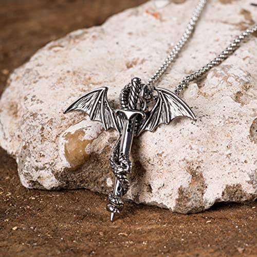 HAQUIL Silver Plated Dragon Sword Pendant Necklace for Men
