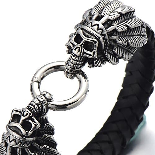 COOLSTEELANDBEYOND Mens Genuine Braided Leather Skull Bracelet