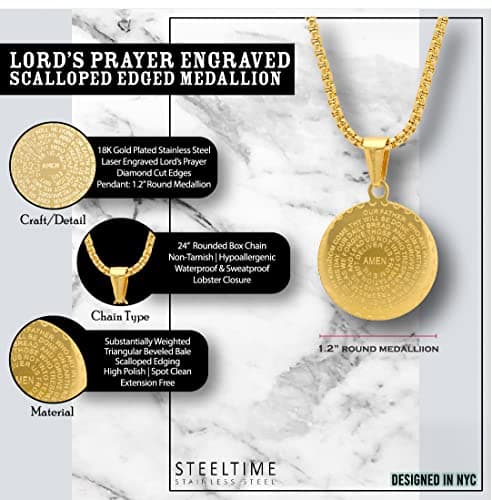 STEELTIME NYC Stainless Steel Lords Prayer Necklace with Simulated Diamonds