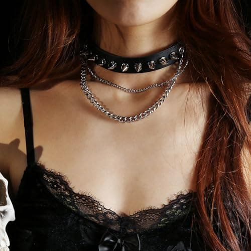 HZMAN Cool Punk Goth Metal Spike Studded Leather Collar Choker Necklace