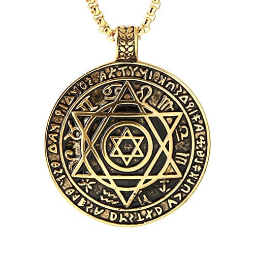 HZMAN Solomon Six-Pointed Star Talisman Pendant Necklace with 12 Constellations - Stainless Steel, 22+2 Chain