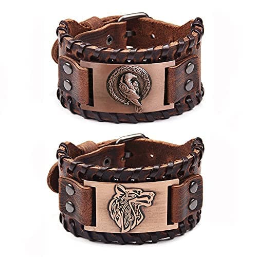 TURTLEDOVE Viking Leather Wolf Fenrir & Odin’s Raven Medieval Bracelets