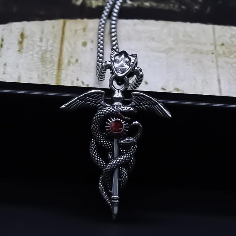 MarveBard Gothic Snake Sword Necklace with Red Crystal Pendant Dark Fantasy Jewelry for Men & Women