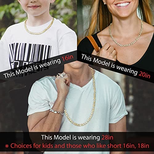 HZMAN Unisex 24k Real Gold Plated Stainless Steel Figaro Chain Necklace