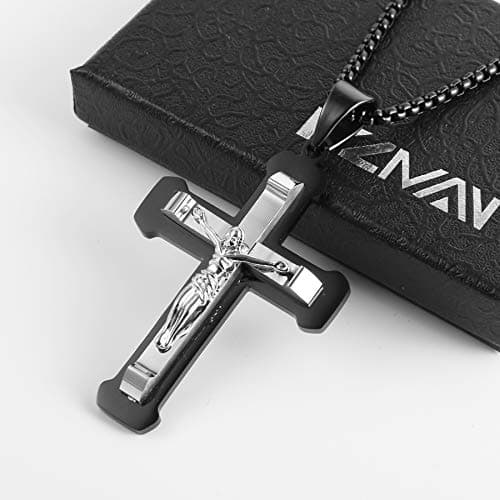 HZMAN Stainless Steel Cross Pendant Necklace for Men, Silver Gold Black Multicolor, 22 Inch Chain
