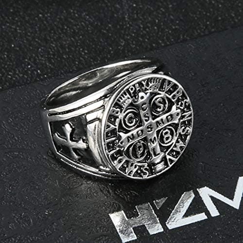 St Benedict Exorcism Ring Stainless Steel Cross Demon Protection