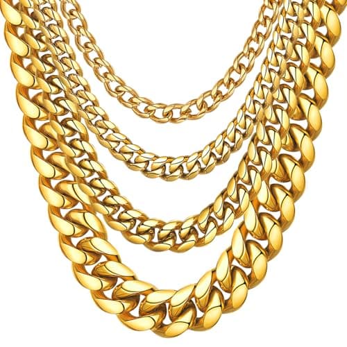 ChainsHouse Miami Cuban Link Chain Necklace for Men, 14K Gold Plated/SS/Black, 14"-30" Length
