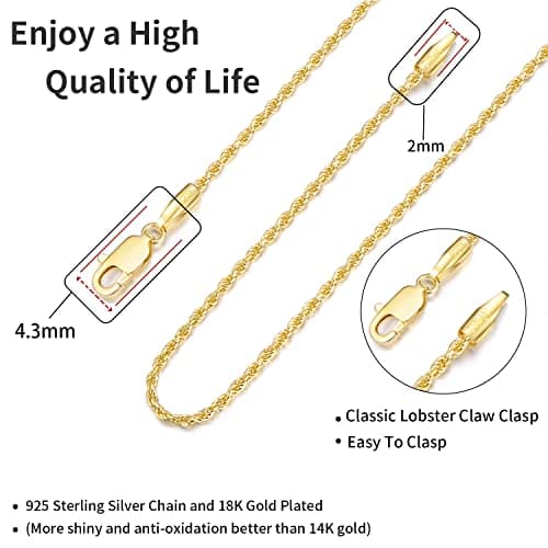 18K Gold Over 925 Sterling Silver Rope Chain Necklace for Women - Shiny & Durable Women's Necklaces
