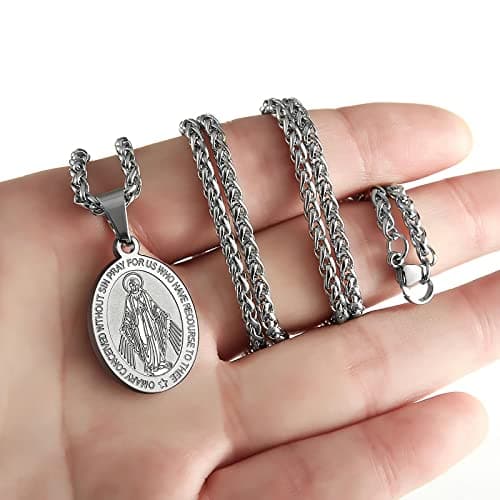 Apsvo Oval Catholic Saints Pendant Medallion, Stainless Steel Wheat Chain 24 Inches
