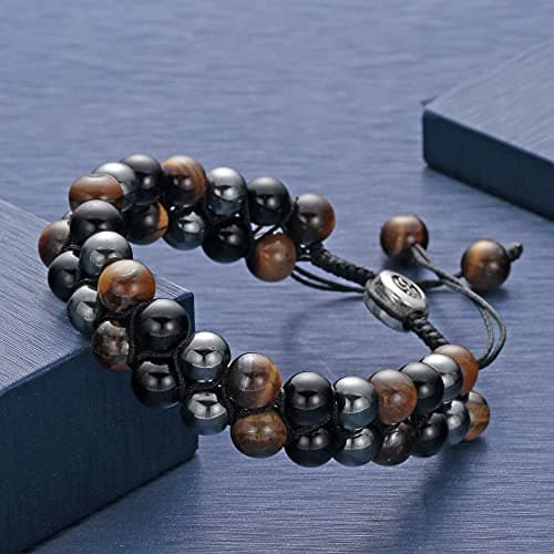 Triple Protection Tiger Eye Lava Rock Mens Bracelet - Adjustable Chakra Healing Yoga Gift
