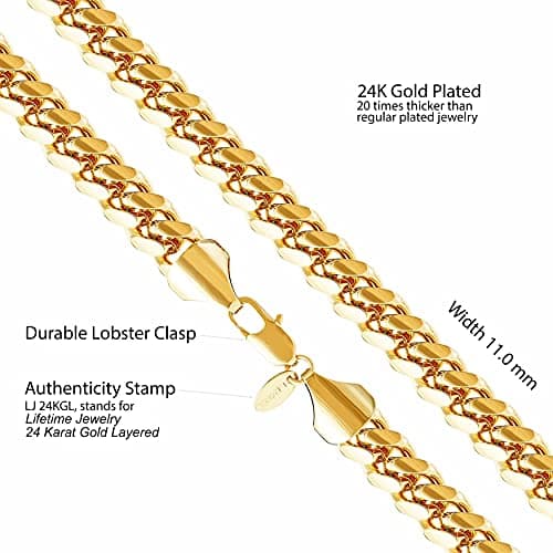 LIFETIME 24k Gold Plated Diamond Cut Cuban Link Necklace for Men & Women